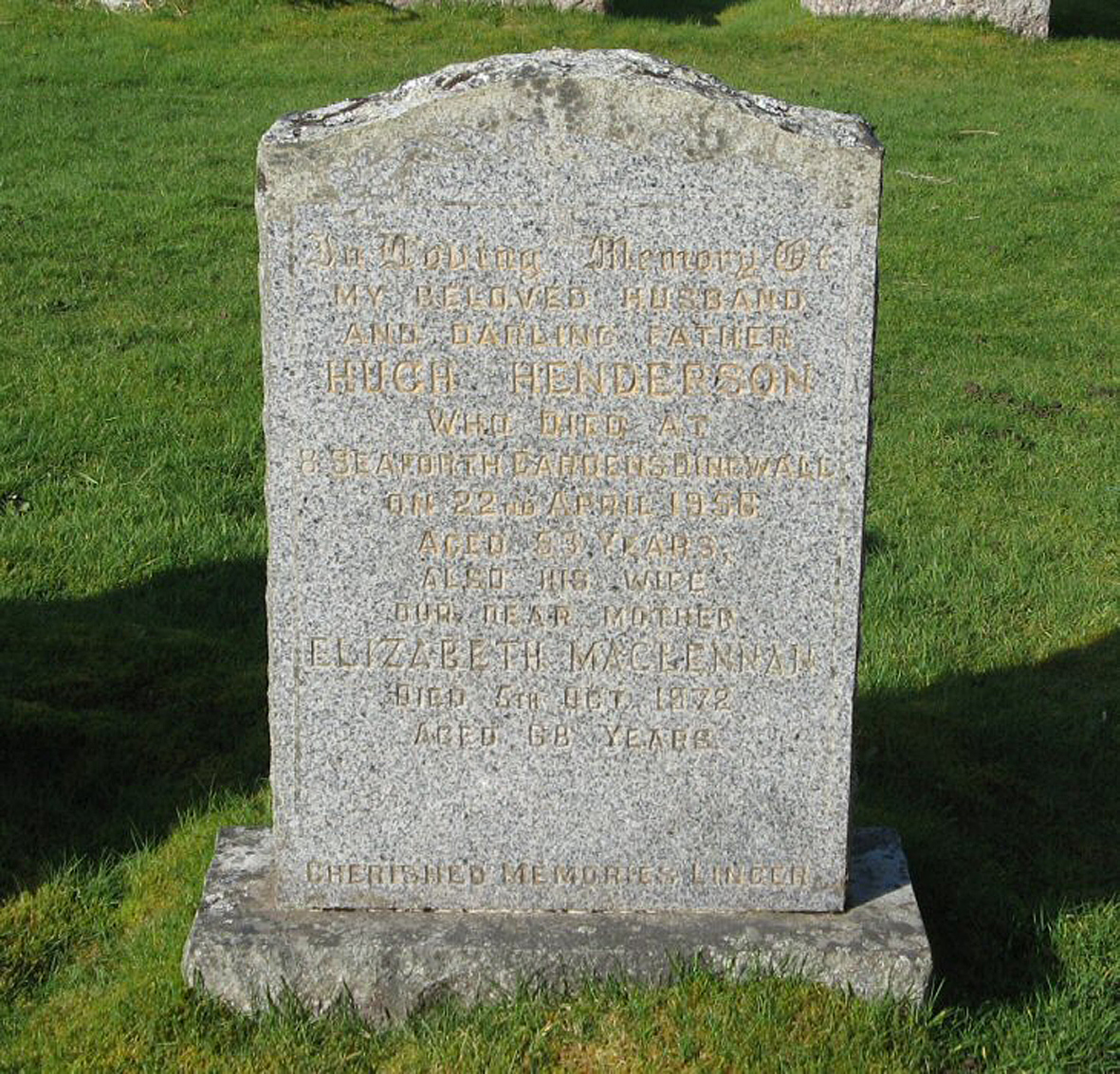 Photo of headstones/Elizabeth MacLennan died 1972 MI Fodderty